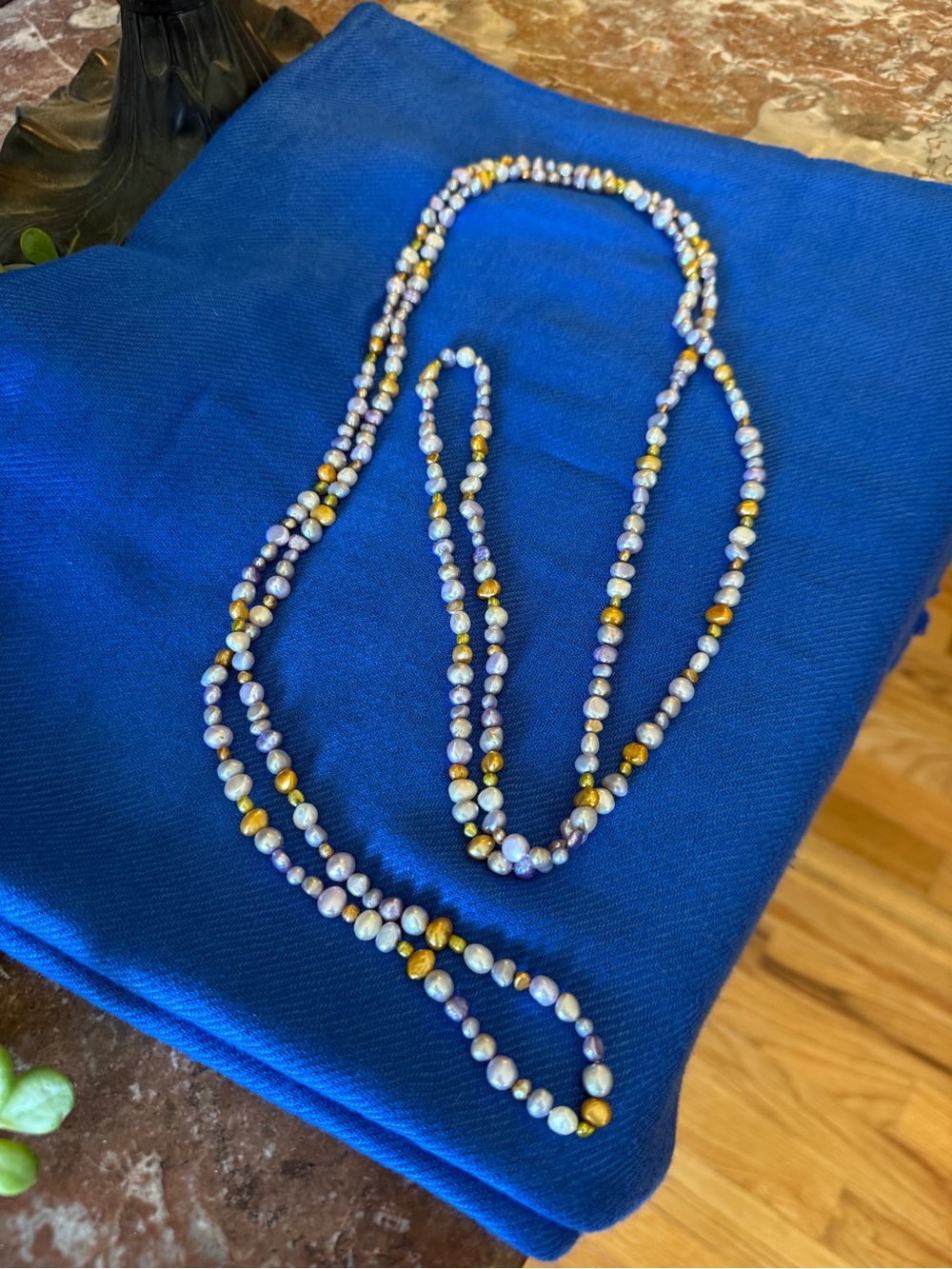 Vintage Extra Long Lavender, Gold, White Dyed Cultured Freshwater Pearl Necklace